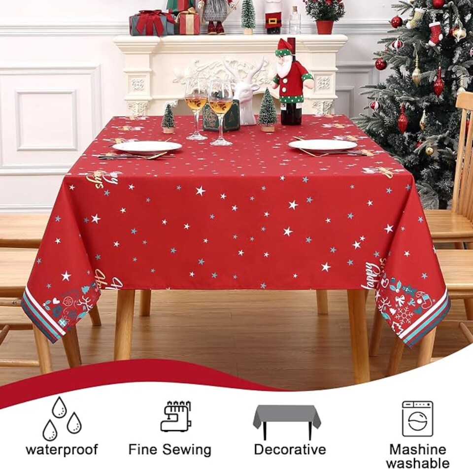 image 1 of London Boutique Red Christmas Tablecloth, Waterproof Polyester Table Cover with Xmas Tree Star Print