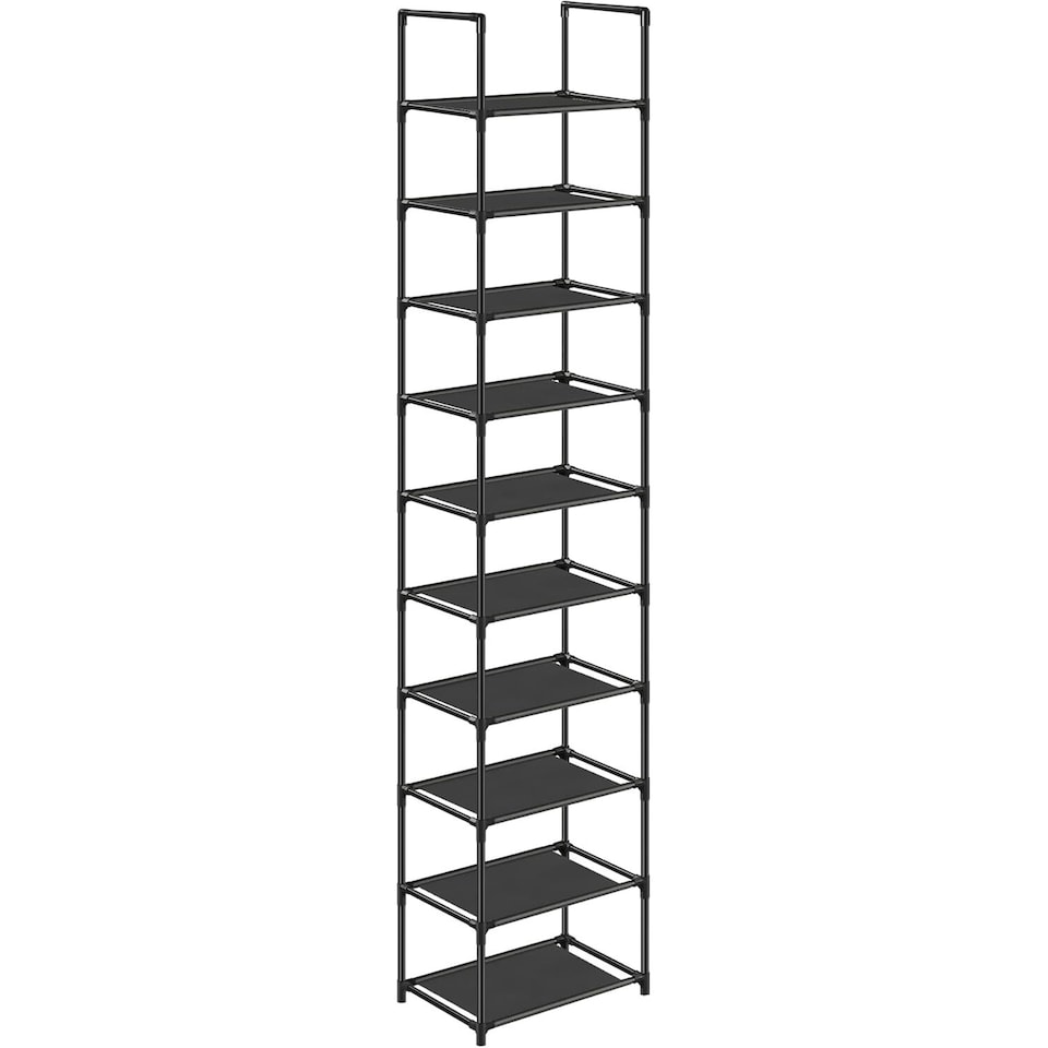 image 1 of 10-Tier Shoe Tower, Compact Storage Rack with Fabric Shelves and Metal Frame, Black