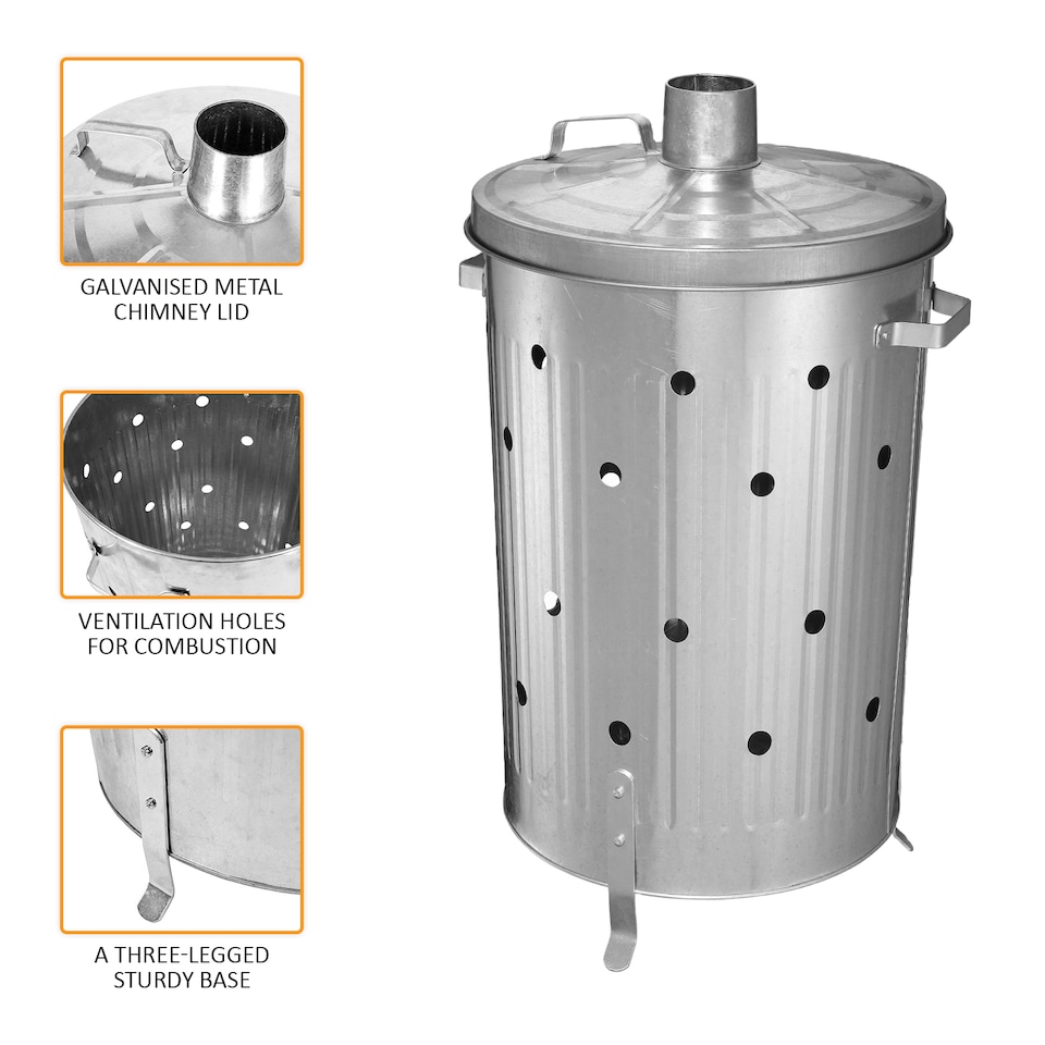 image 1 of 90l Galvanized Incinerator Paper Leaf Wood Waste Burner Garden Rubbish Fire Bin