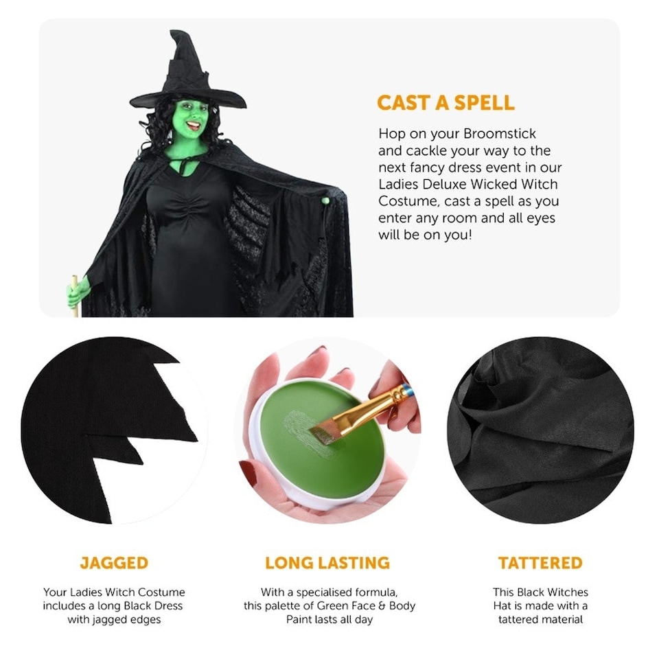 image 1 of Wicked Witch Halloween Costume - Cape, Dress, Hat & Face Paint | Black | XL
