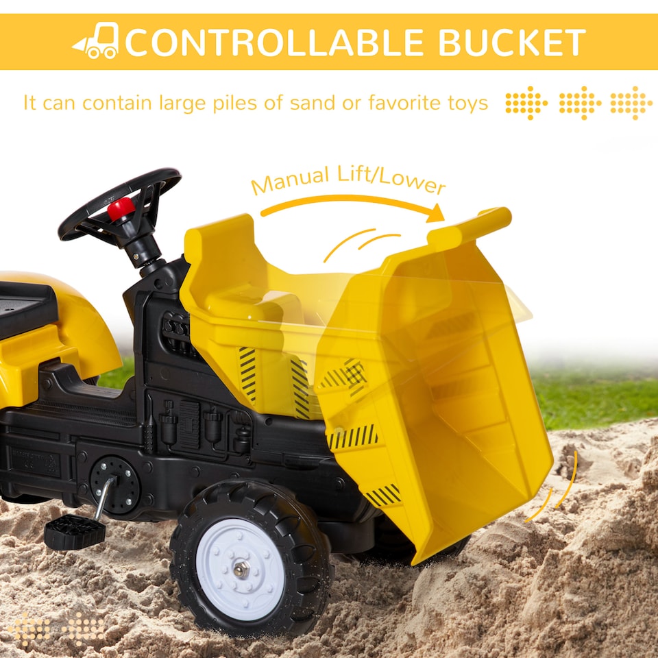 image 1 of HOMCOM Ride on Tractor for Kids, No Power Pedal Go Kart, Ride on Digger with Manual Control Bucket, Forward, Backward, for 3-6 Years, Yellow