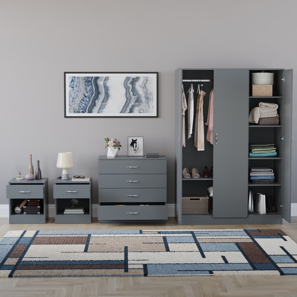 image 1 of Vida Designs Riano 4 Piece Bedroom Set (1 Drawer Bedside Chest, 4 Drawer Chest, 3 Door Wardrobe), Grey (6)