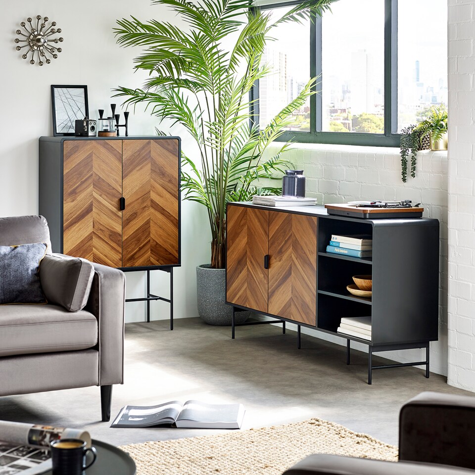 image 1 of Alvin Black and Natural Woodâ€‘Effect 2 Door Storage Cabinet