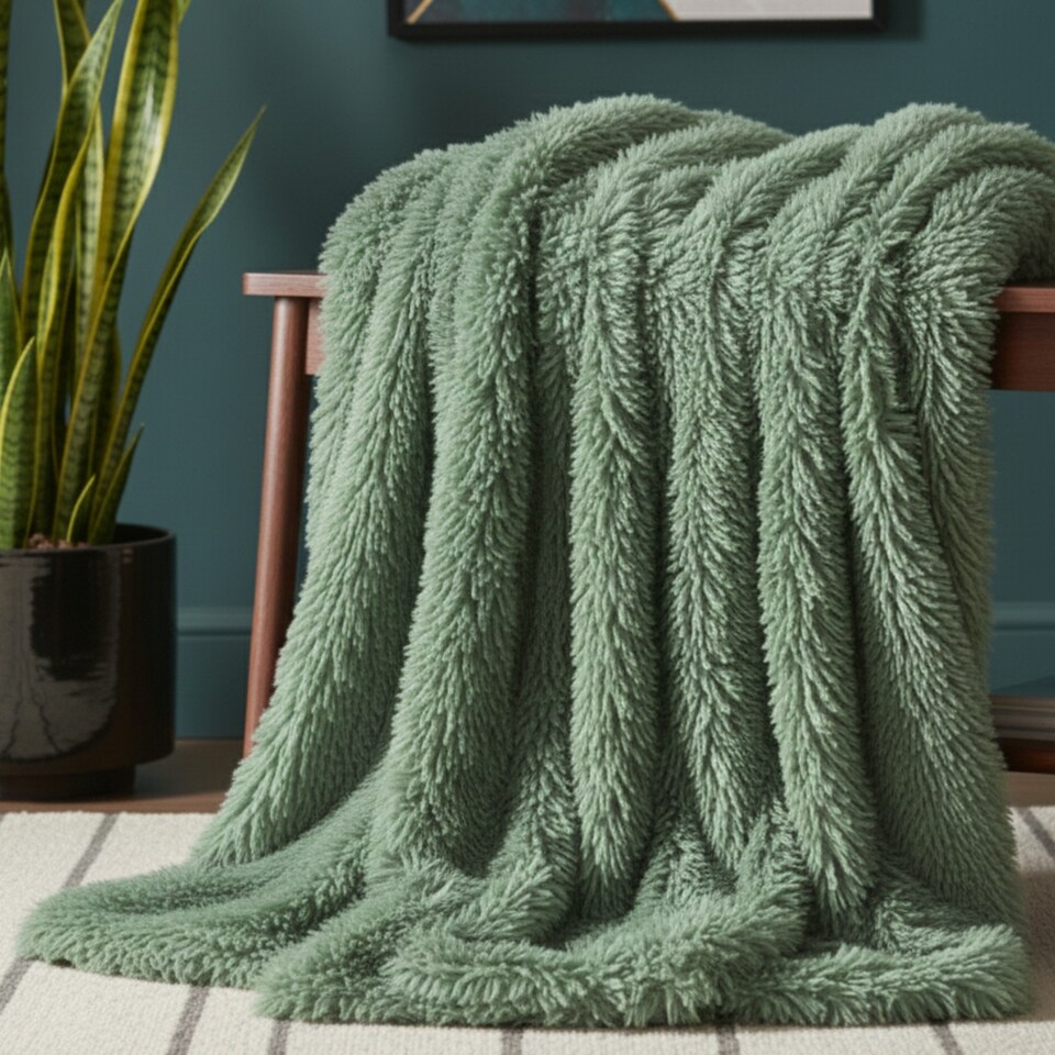 image 1 of Cuddly Extra Fluffy Throw Ultra Soft Plush Blanket for Sofa Bed Home Decor | Green