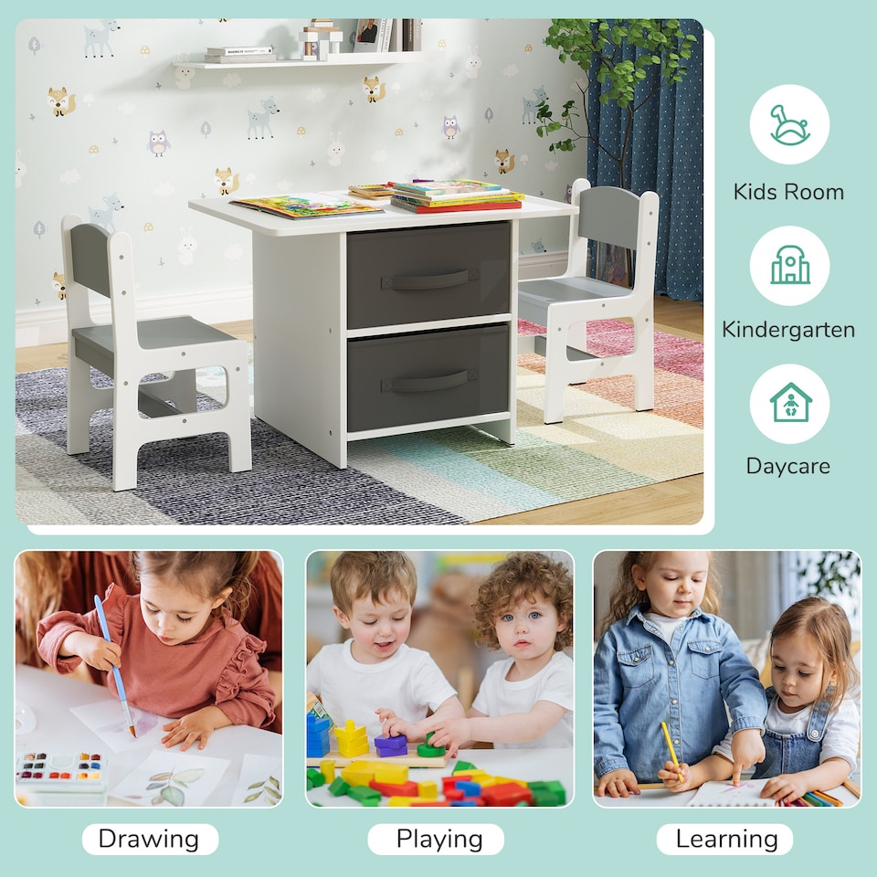 image 1 of COSTWAY Toddler Wooden Activity Table & 2 Chairs Set White