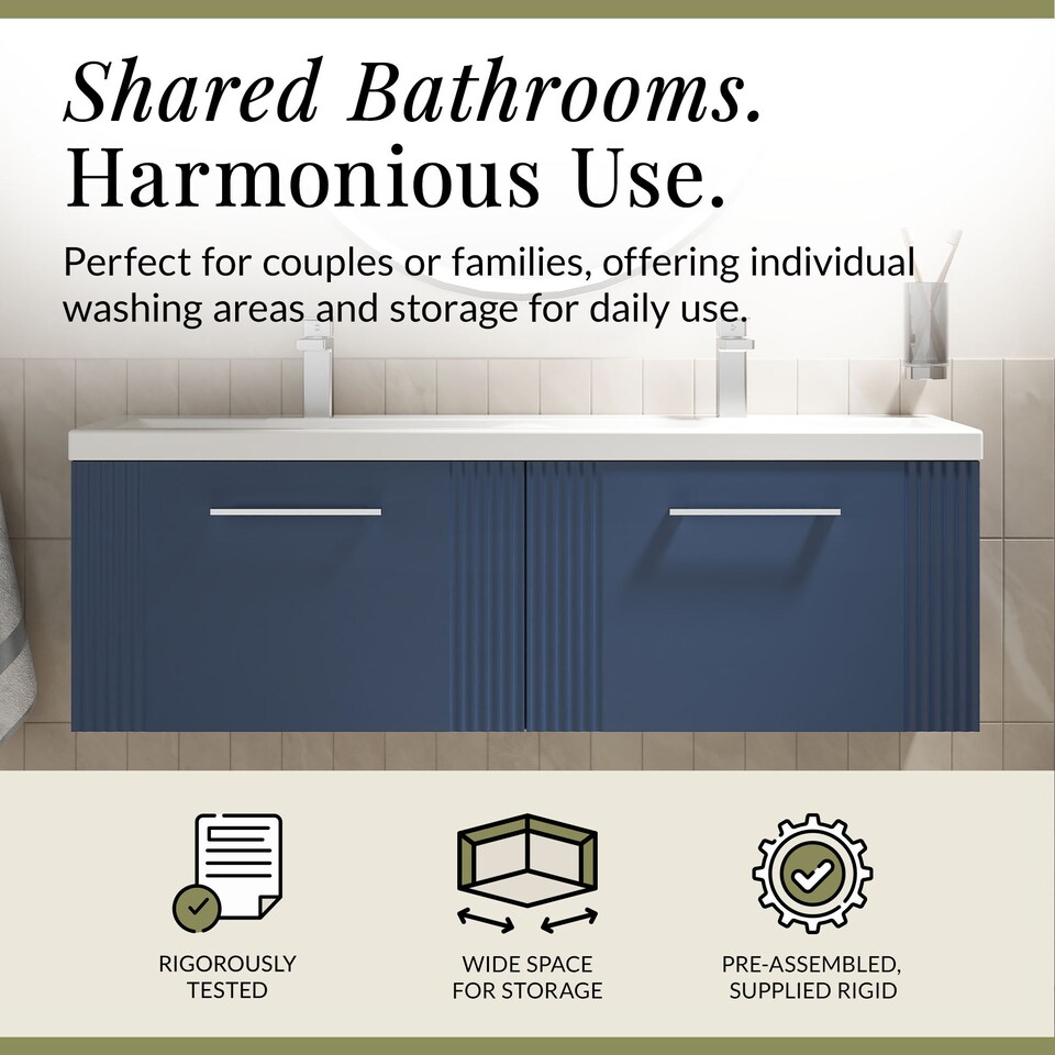 image 1 of Balterley Partial Fluted 2 Drawer Wall Hung Vanity Unit with Double Ceramic Basin | Blue | Satin Blue