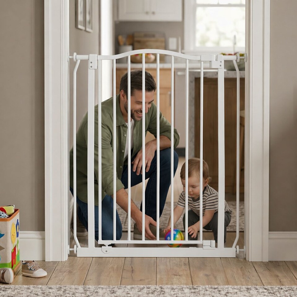image 1 of Safetots Extra Tall Curved Top Safety Gate, 116cm - 125cm, Matt White, Extra Tall 100cm in Height, Pressure Fit Stair Gate, Baby Gate for Doors Hallways and Spaces, Safety Barrier, Easy Installation
