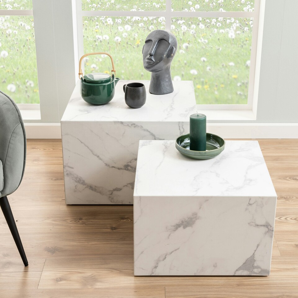 image 1 of Dice Square Coffee Table Set in White Marble Effect