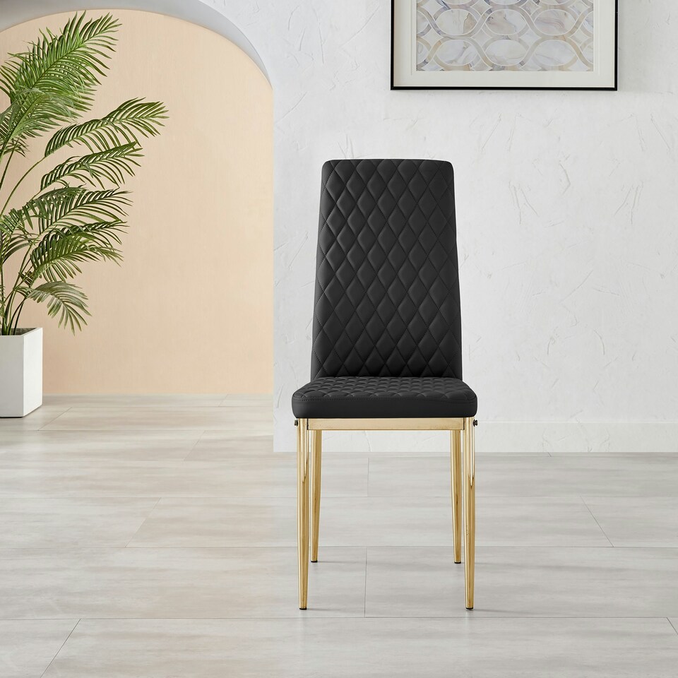 image 1 of Furniturebox 4x Milan Black Gold Hatched Faux Leather Dining Chairs