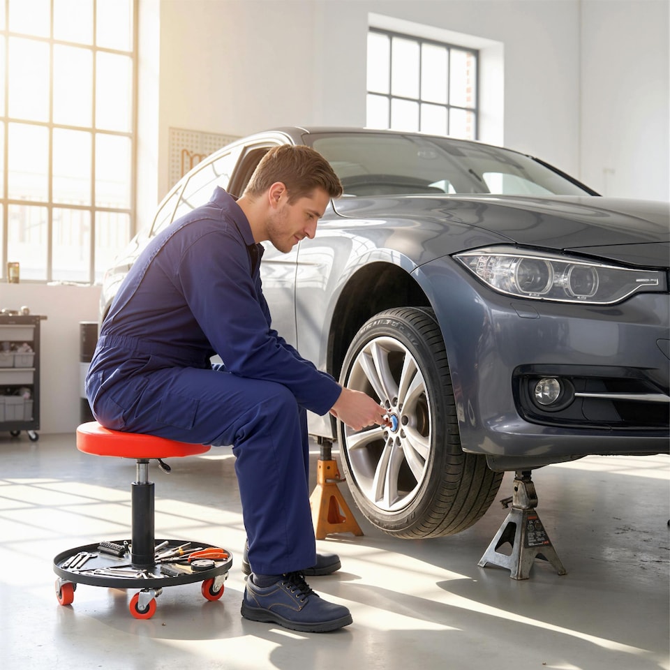 image 1 of HOMCOM Pneumatic Adjustable Mechanic Stool w/ Tool Tray, Wheels | Orange | Orange | Φ40 x 38-48H cm
