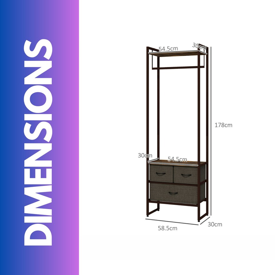 image 1 of Industrial Hall Tree Coat Rack With 3 Fabric Drawers Brown One Size