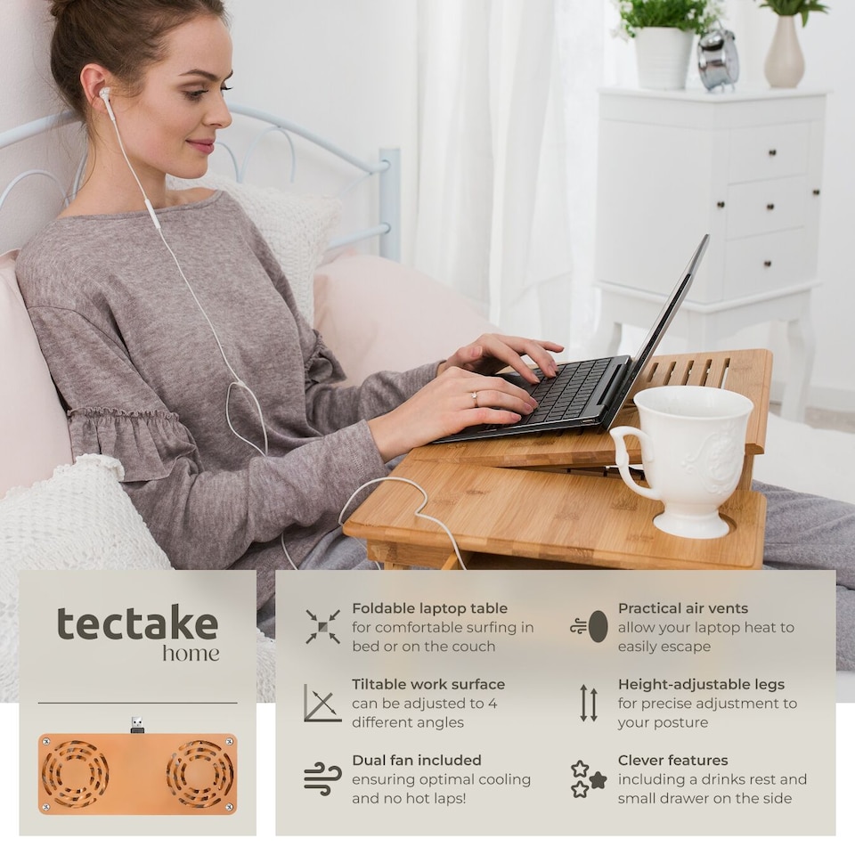 image 1 of Laptop Stand - 4 angles of inclination, with drawer, storage space, USB dual fan, 55 x 35 x 26 cm