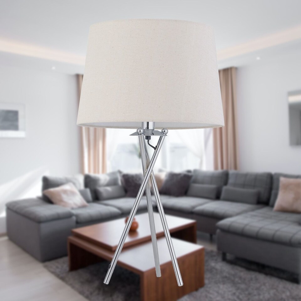 image 1 of Tripod - Chrome Lamp with Natural Linen Shade | Chrome | Brown | Large | 1