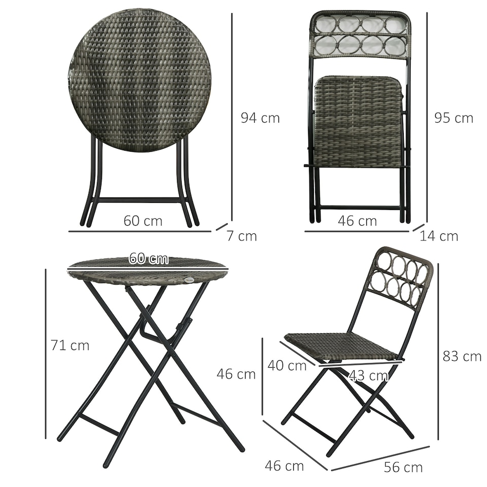 image 1 of Outsunny 3 PCS Folding Rattan Wicker Bistro Set, Coffee Table Set