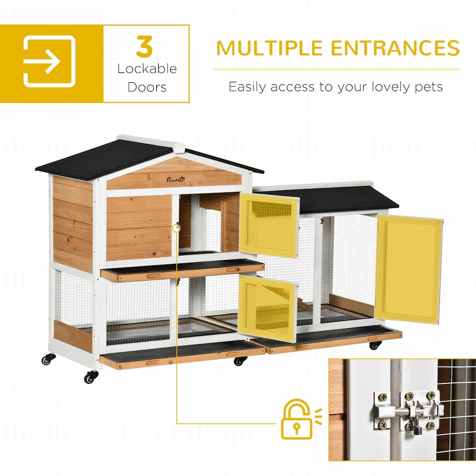 image 1 of PawHut Rabbit Hutch, Bunny Cage Outdoor 2-Tier w/ Wheels & Tray, Yellow
