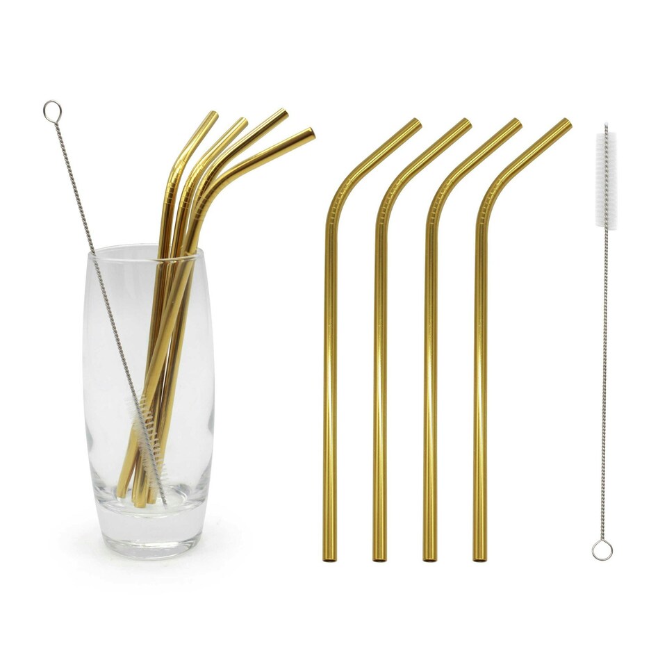 image 1 of Glim Glam Straws Drinks Set Brush Stainless Steel Gold 4pcs