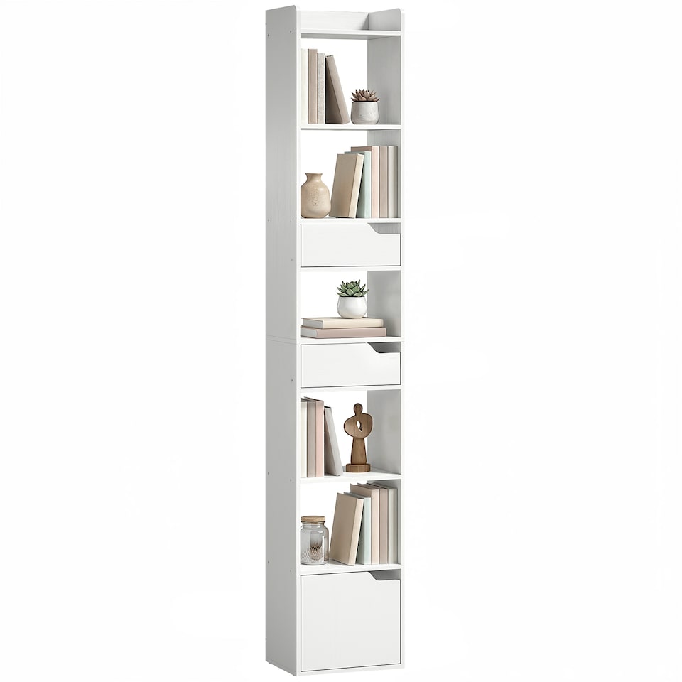 image 1 of HOMCOM Bookcase Tall Narrow with 5 Tiers Drawers