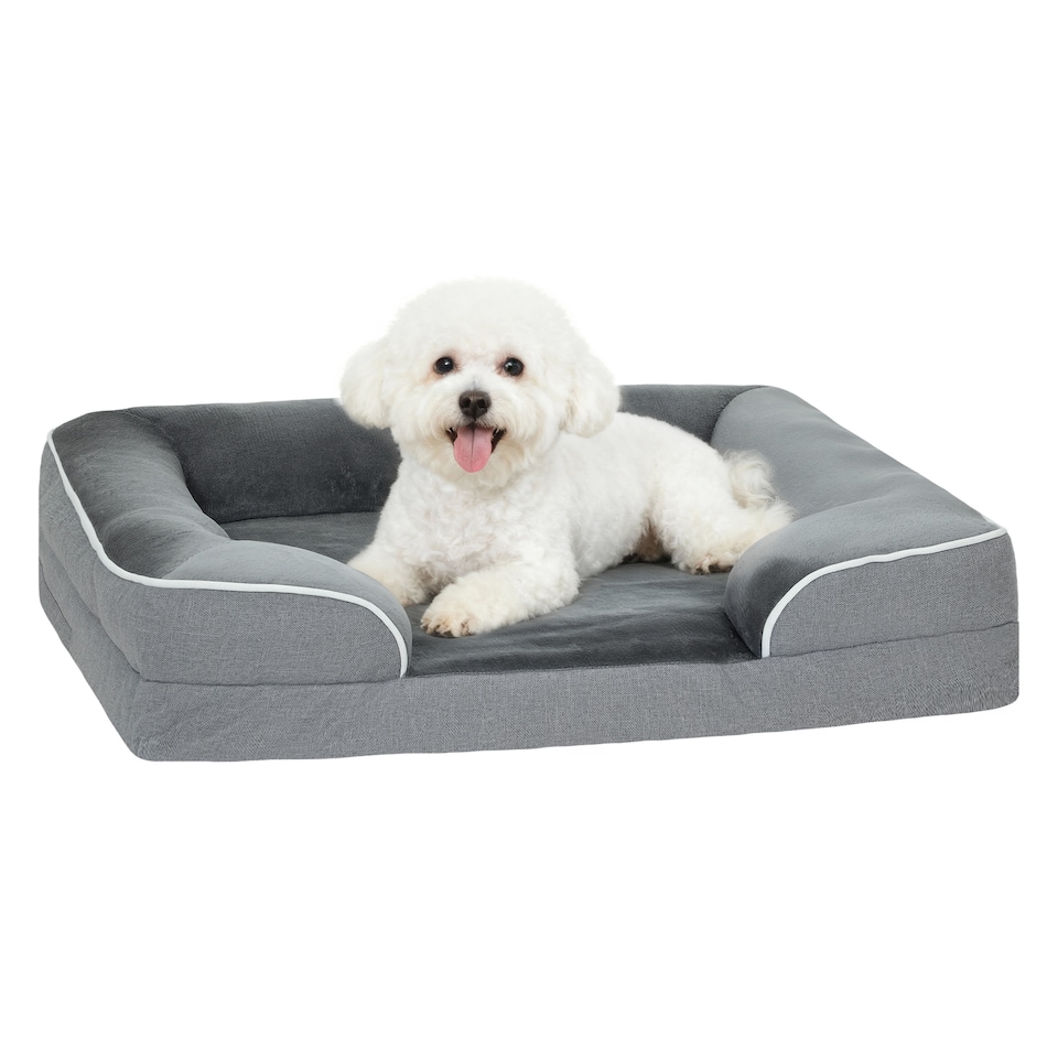image 1 of PawHut Dog Sofa Bed, Washable Soft Plush Pet Bed with Removable Flannel Cover and Non-Slip Bottom, Anti-Anxiety for Cats and Small Dogs, 70 x 60 x 16.5 cm, Grey | Grey | S