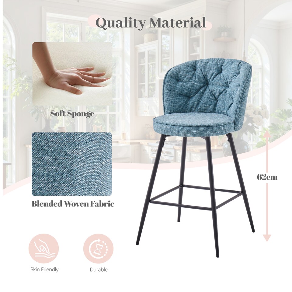 image 1 of SONARA Set of 2 Blended Woven Fabric Counter Height Bar Stools with Backrest | Blue