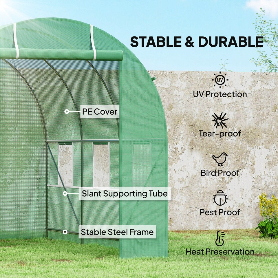 image 1 of Outsunny 3.5 x 2m Walk-In Polytunnel Greenhouse with Roll Up Door Windows Green