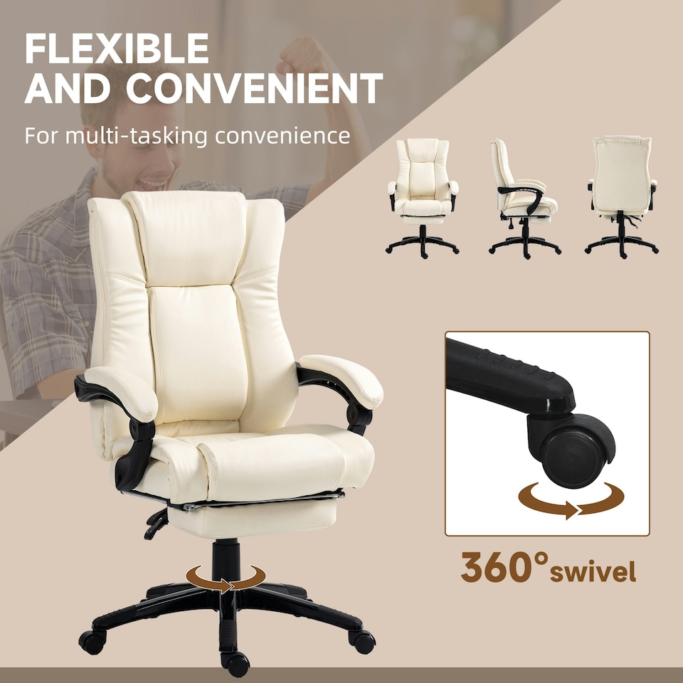 image 1 of Vinsetto Executive Home Office Chair High Back Recliner, with Foot Rest, Cream