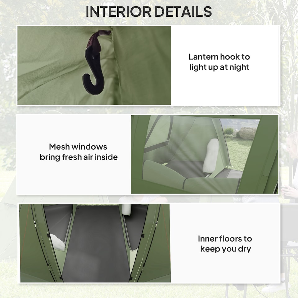 image 1 of Outsunny 3 Man Camping Tent with 2 Bedrooms, 3000mm Waterproof, Grey | Green | Green | 323L x 240W x 160H cm