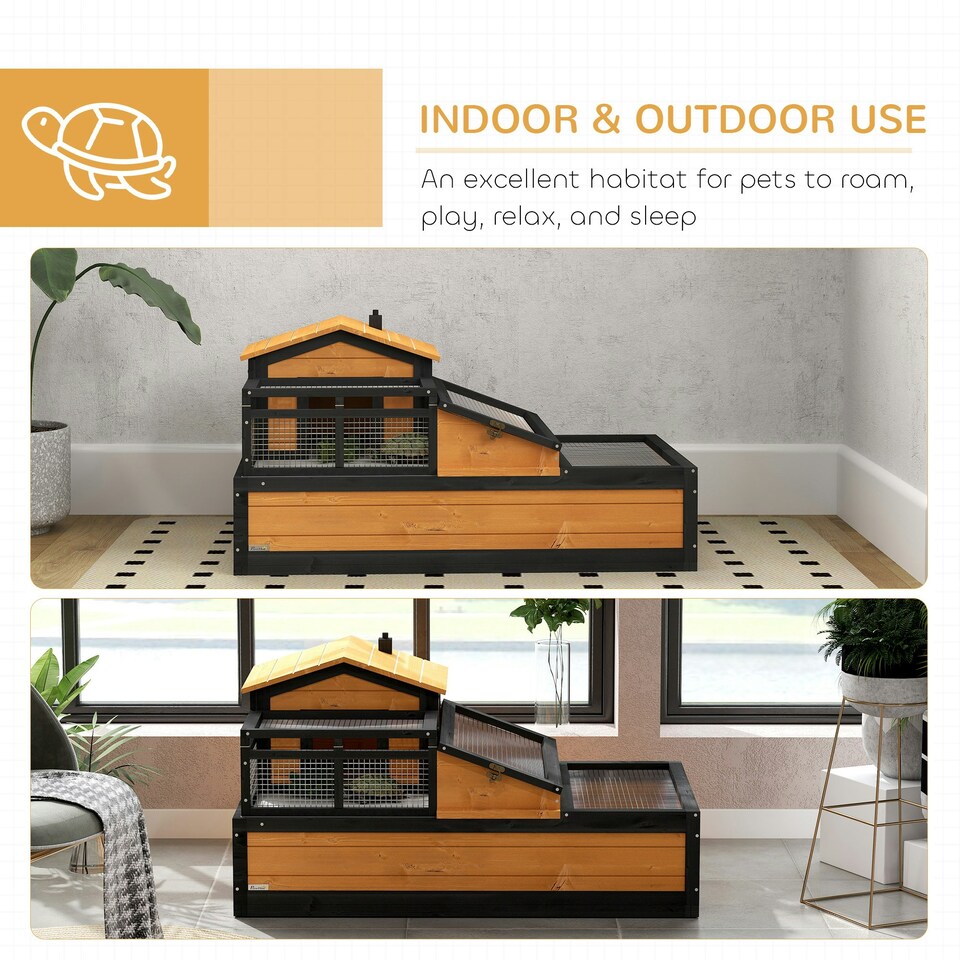 image 1 of PawHut Wooden Tortoise House Indoor Outdoor w/ Balcony, Tray, Openable Roof