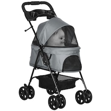 PawHut Pet Stroller Foldable Travel Carriage w/ Brake Basket Canopy, Grey