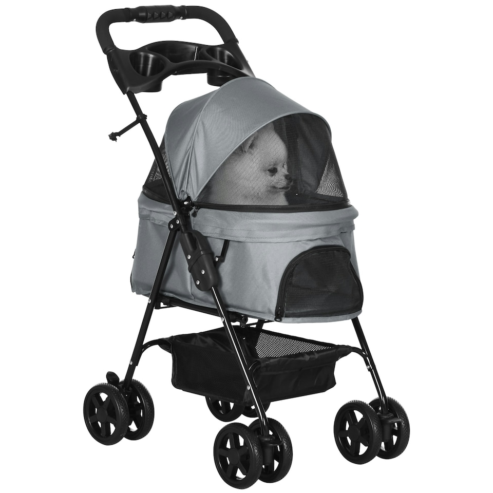 image 1 of PawHut Pet Stroller Foldable Travel Carriage w/ Brake Basket Canopy, Grey