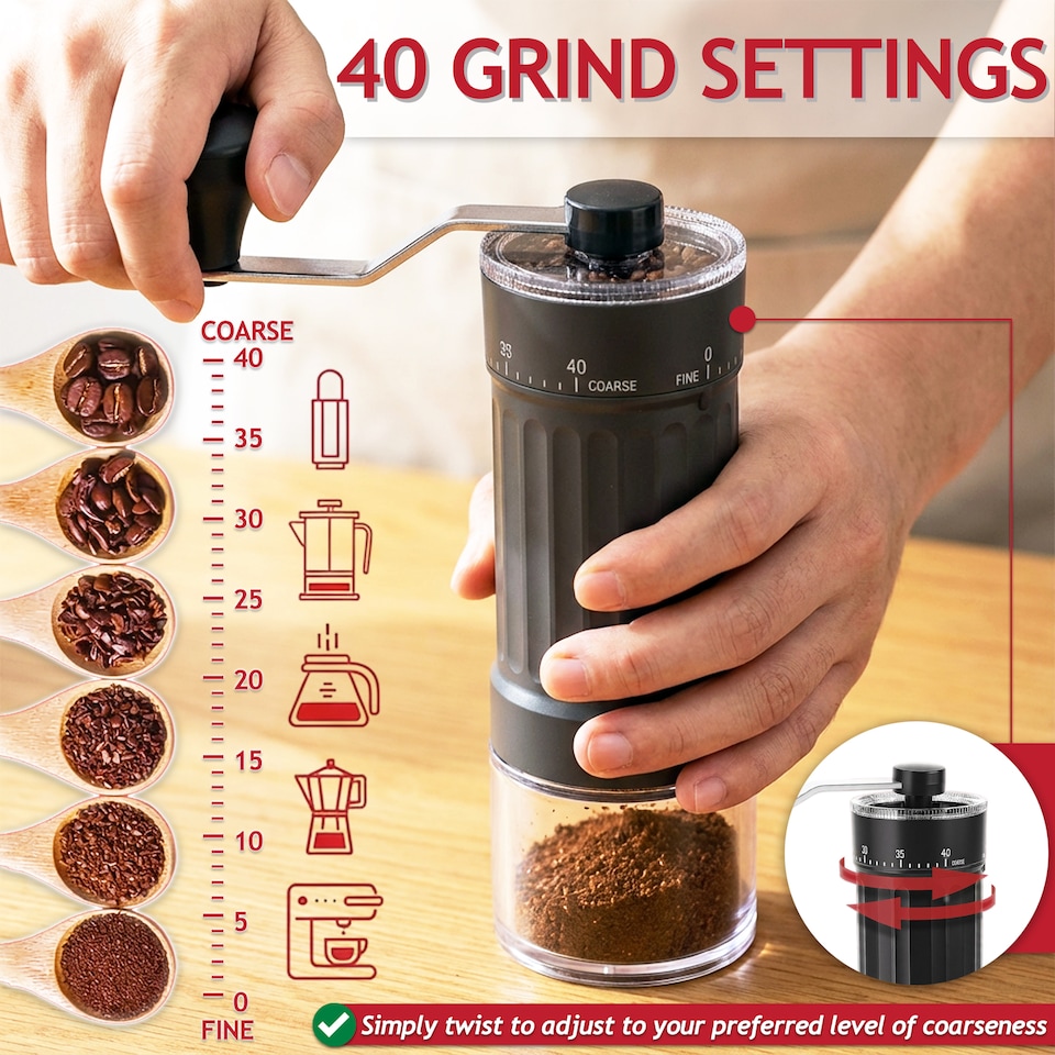 image 1 of SPARES2GO Manual Coffee Grinder Adjustable Ceramic Burr Kit for Aeropress, Espresso, Pour Over, French Press, Moka (30g Capacity)