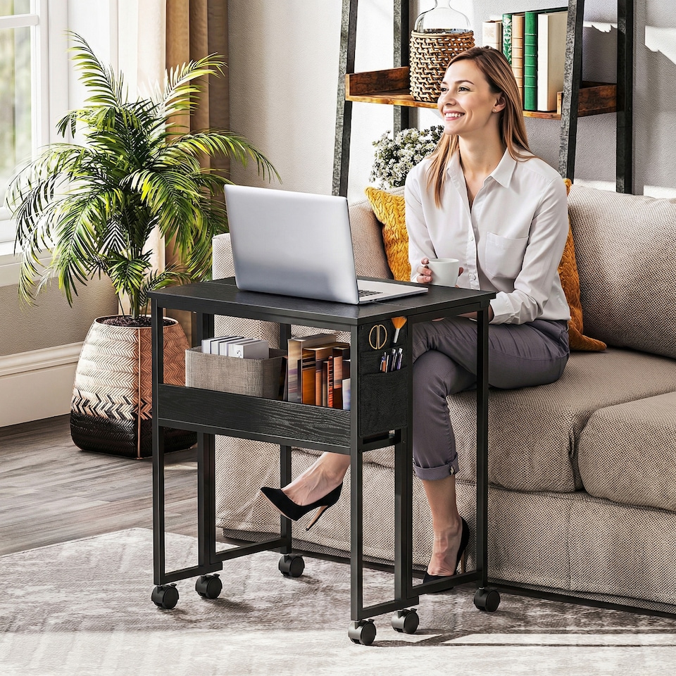 image 1 of HOMCOM 63 cm Foldable Computer Desk on Wheels for Small Spaces Black | Black | Black wood grain | 63W x 50D x 75H cm