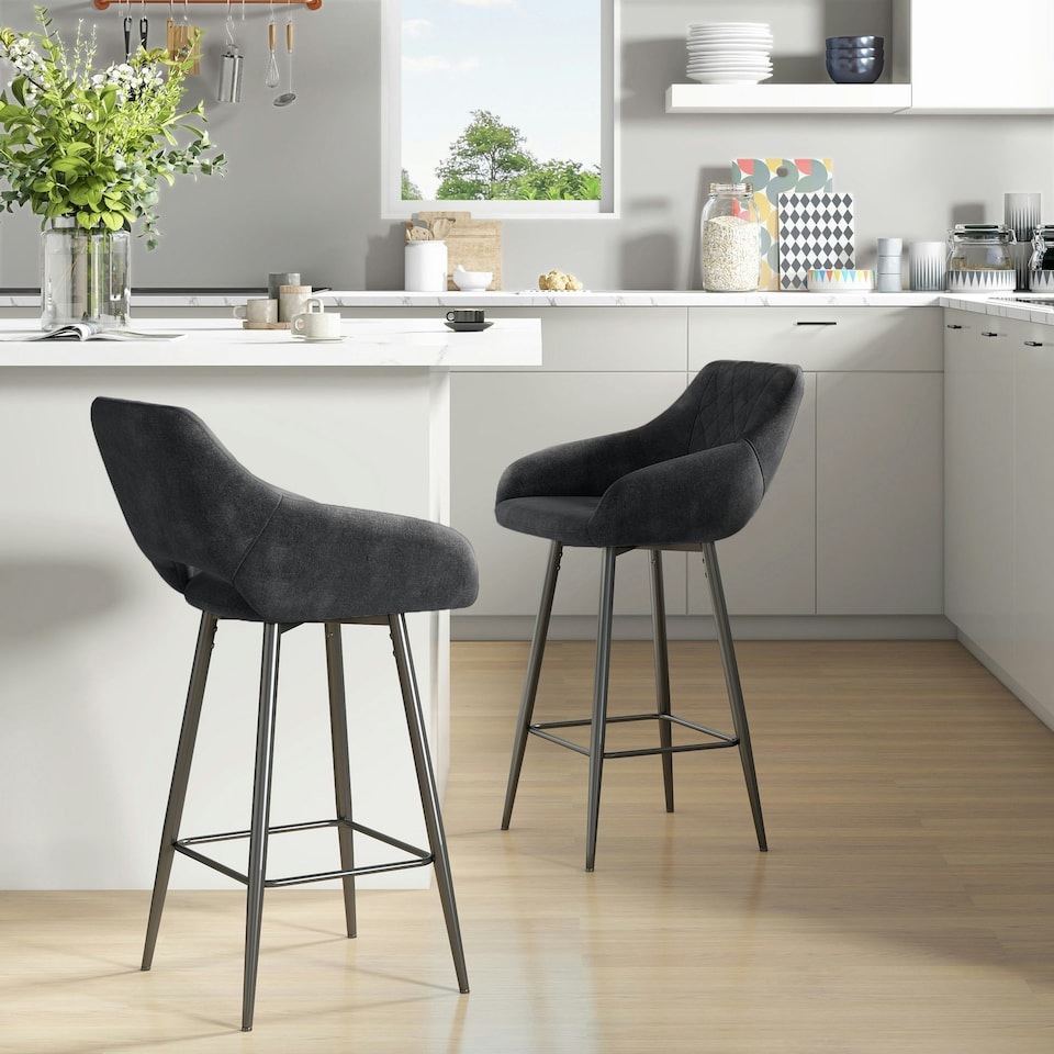 image 1 of HOMCOM Bar Stools Set of 2 Velvet-Touch Fabric Counter Bar Chairs Dark Grey