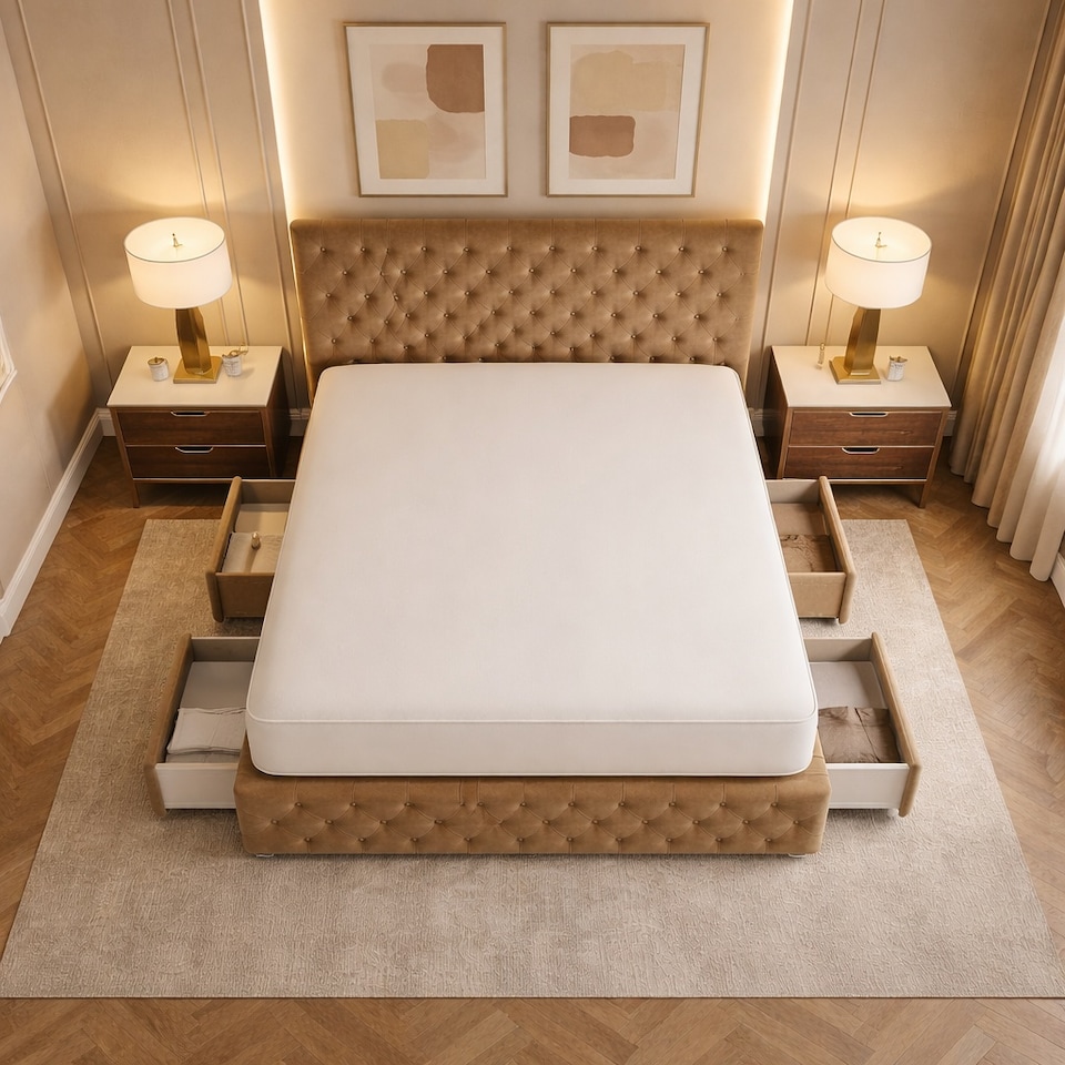 image 1 of 5FT Kingsize Beige Plush Velvet Divan Bed With Headboard & Footboard and Memory Sprung Mattress 4 Drawers