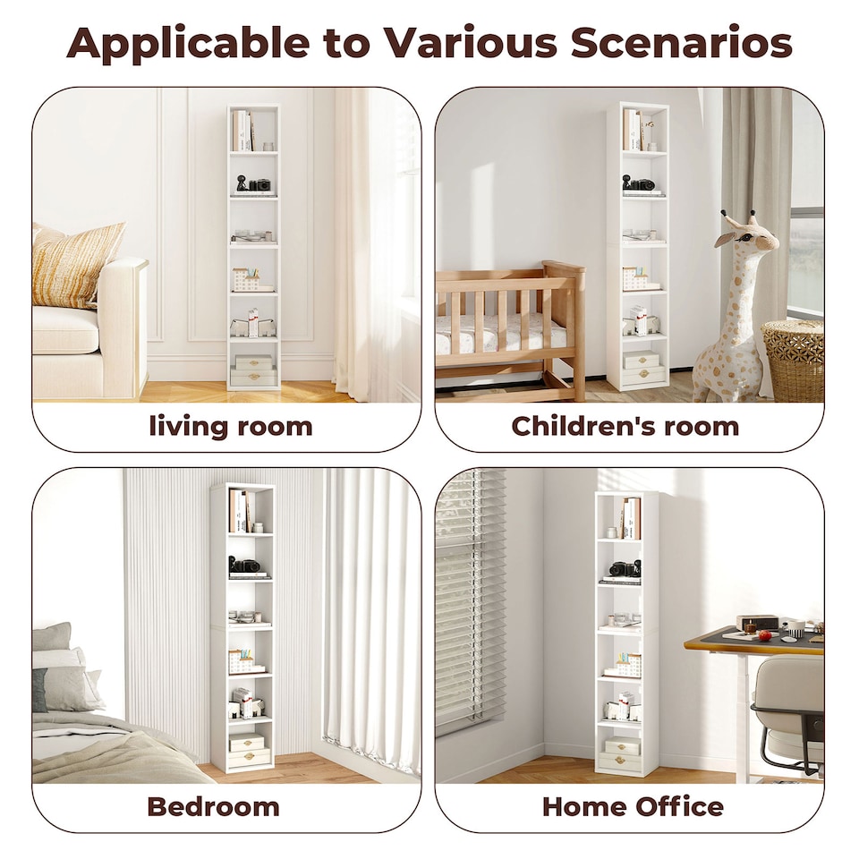 image 1 of Levede Slim Wooden Bookcase White Storage Shelf Organizer for Home Office | White