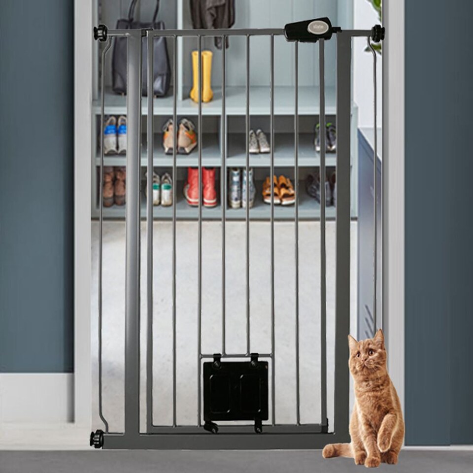 image 1 of Bettacare Pet Gate with Lockable Cat Flap, 126.7cm - 134.3cm, Slate Grey, 104cm in Height | Grey