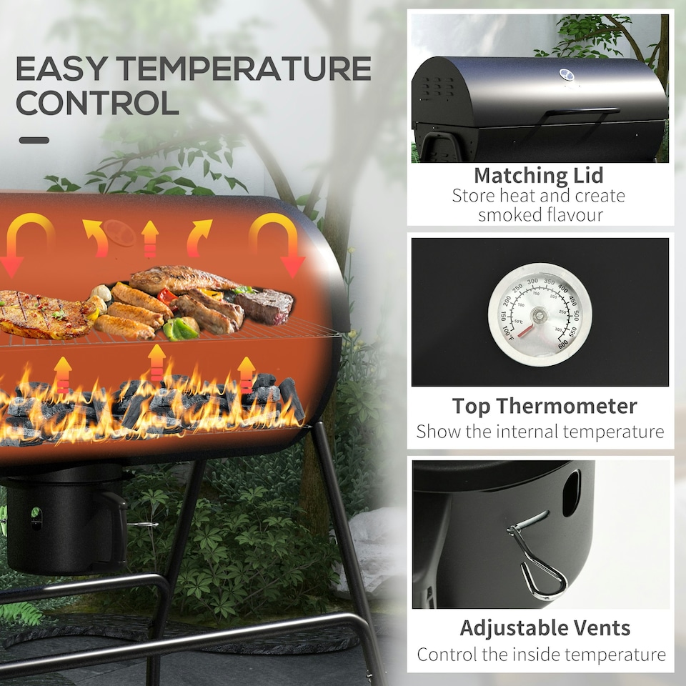 image 1 of Outsunny Barrel Charcoal Barbecue BBQ Grill Trolley W/ Ash Catcher Thermometer