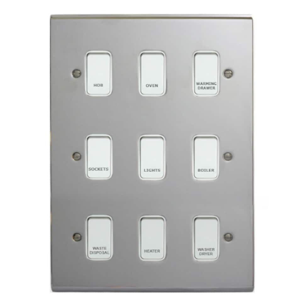 Deta Kitchen Grid Switch Polished Chrome / White Switches - 9 Gang
