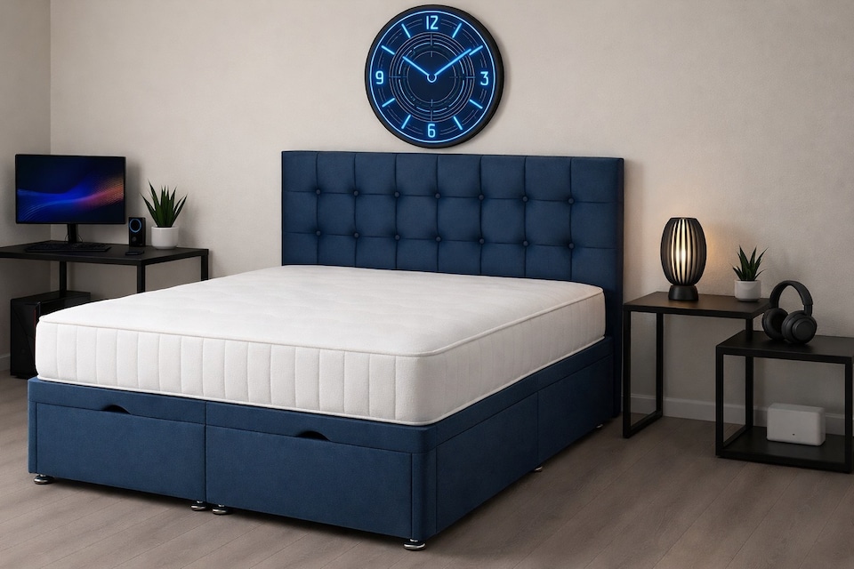 image 1 of Cube Ottoman Blue Plush Velvet 2ft6 Small Single Foot Lift Bed Headboard and Mattress Set