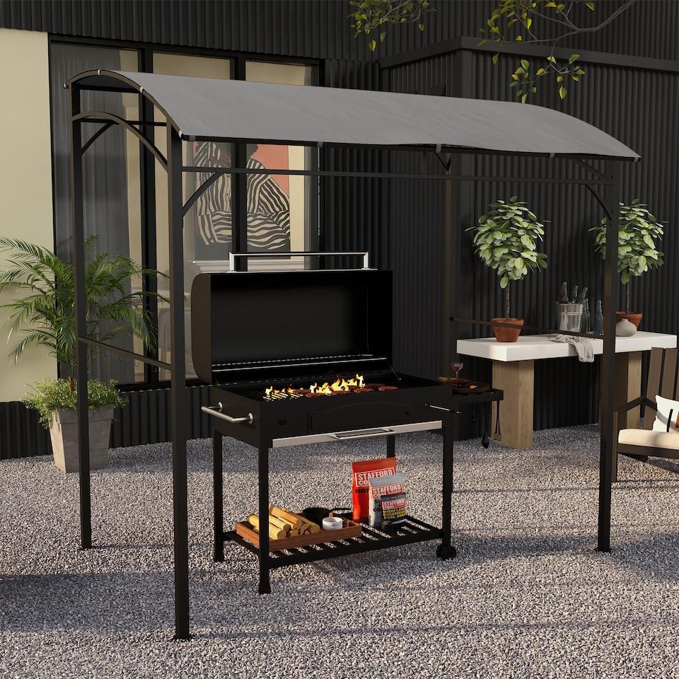 image 1 of Outsunny 2.2 x 1.5 m BBQ Grill Gazebo Tent, Garden Grill with Metal Frame, Curved Canopy and 10 Hooks, Outdoor Sun Shade, Grey