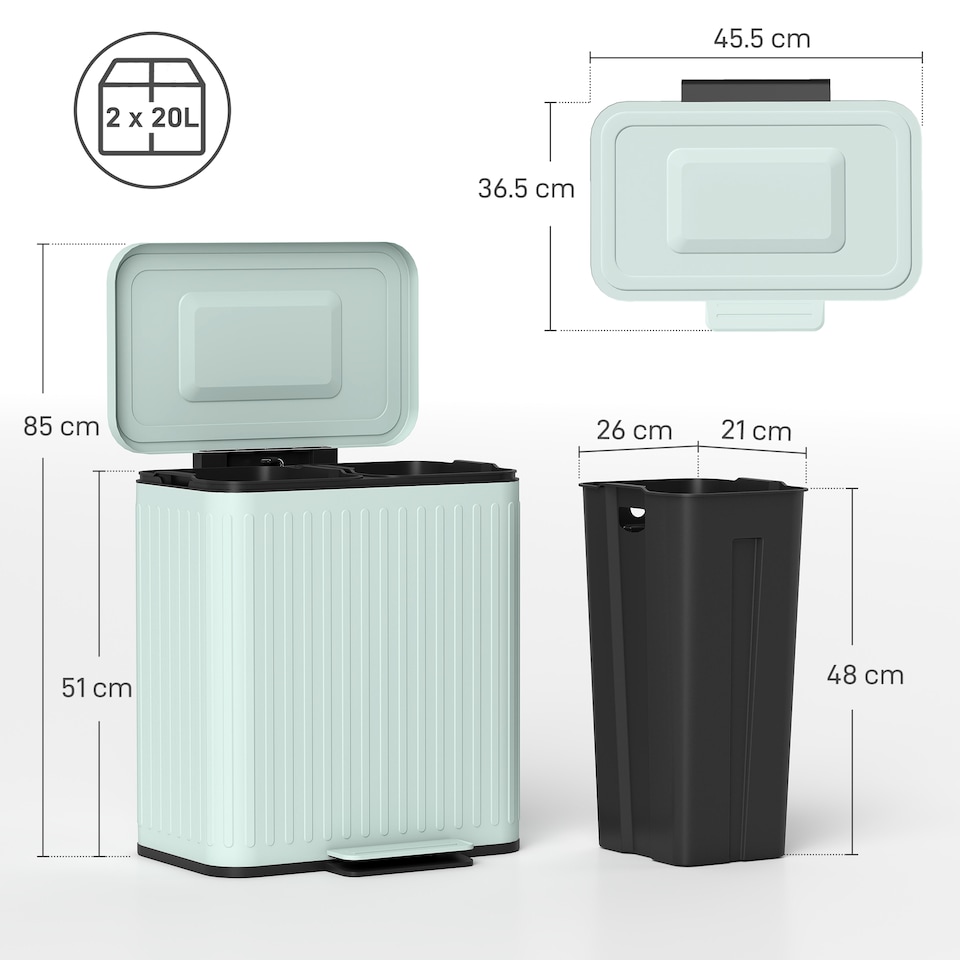 image 1 of HOMCOM Dual Kitchen Bin, 2 x 20L Double Bin for Recycling and Waste, Fingerprint-proof Pedal Bin with Soft-Close Lid, Removable Inner Buckets, Green | Green | 1