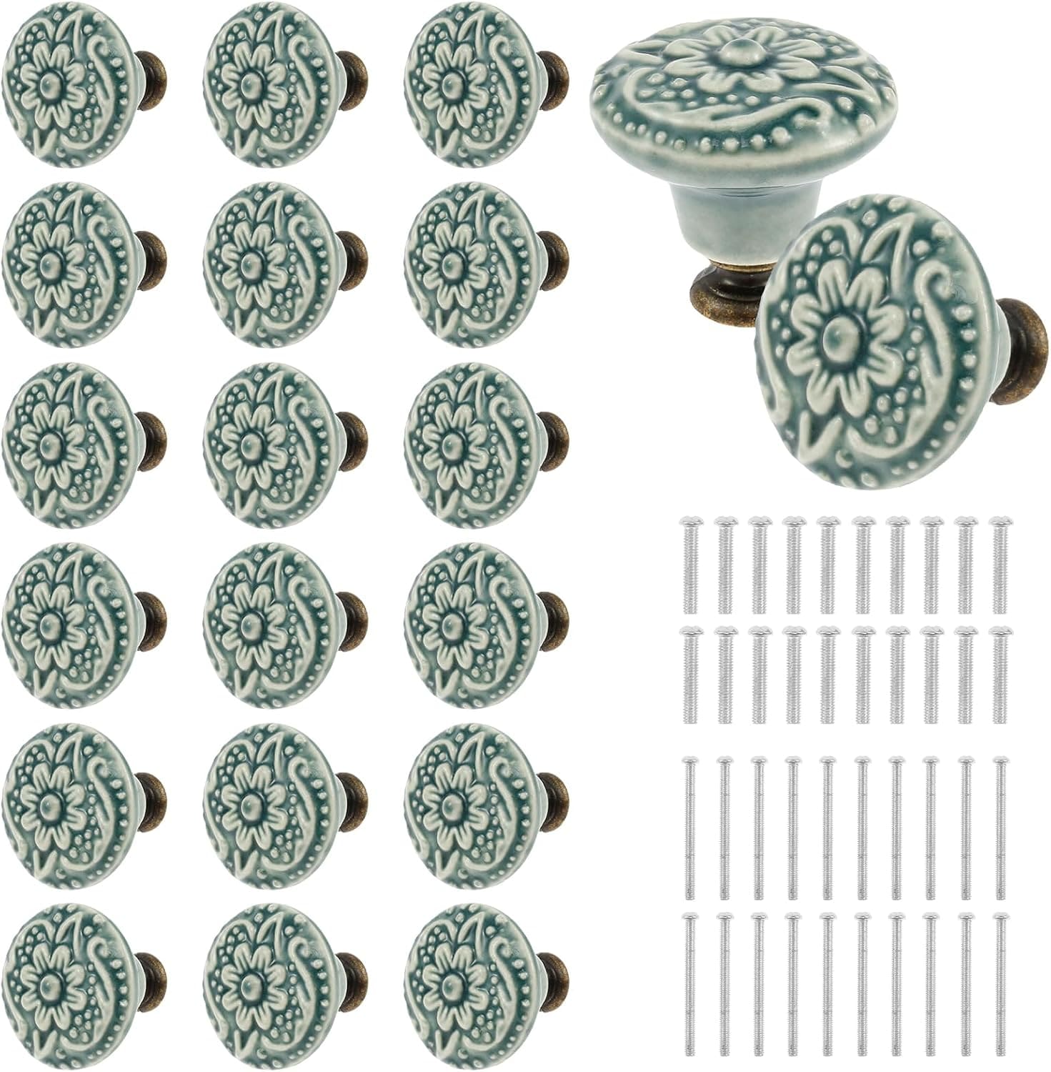 20Pcs Ceramic Door Knobs Set Vintage Drawer Knobs Decorative Kitchen Cabinet Handles with Screws Round Antique Wardrobe Pulls Cupboard Handles for Clo