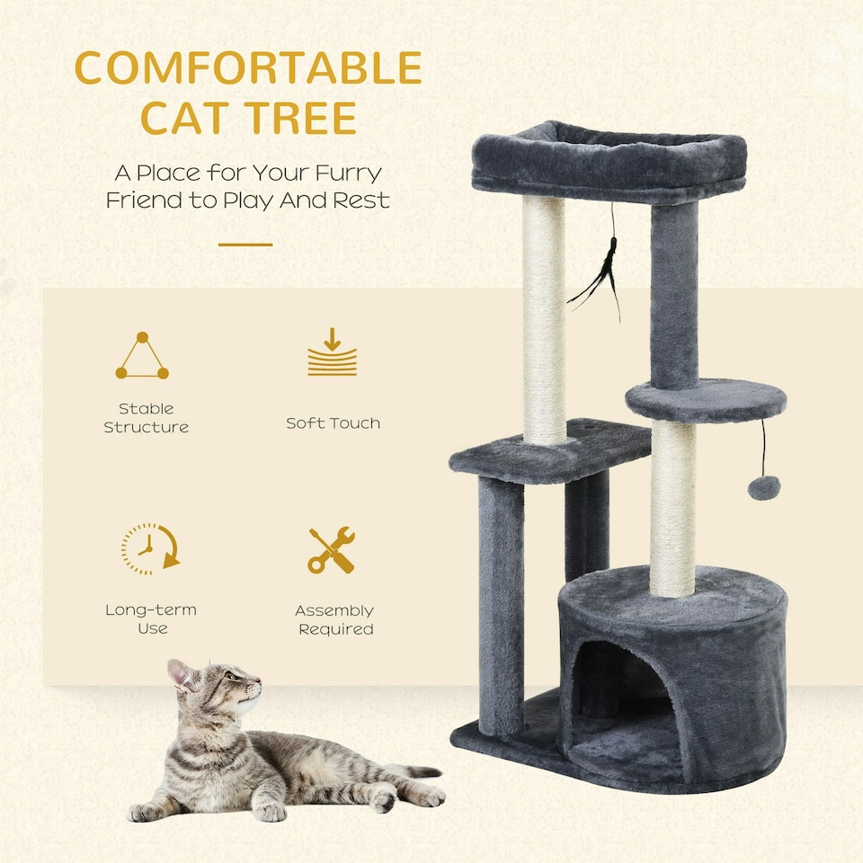 image 1 of PawHut 100cm Cat Tower Condo with House Sisal Scratching Post Perches Grey