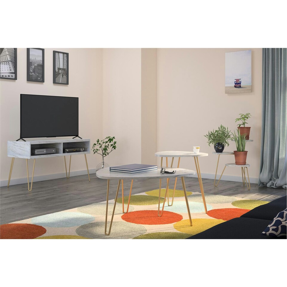 image 1 of Athena Nesting Tables in White Faux Marble / Golden Legs White | White