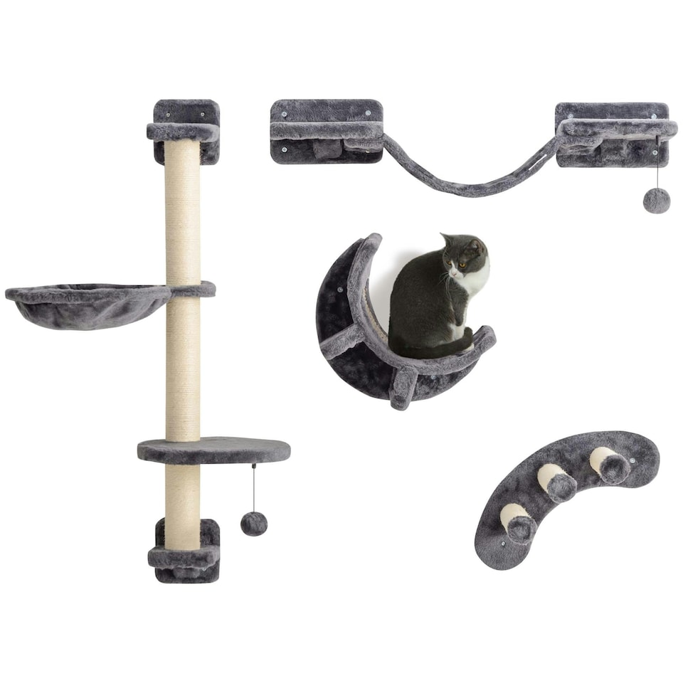image 1 of PawHut 4-Piece Cat Wall Furniture w/ Hammock, Ladder, Platforms