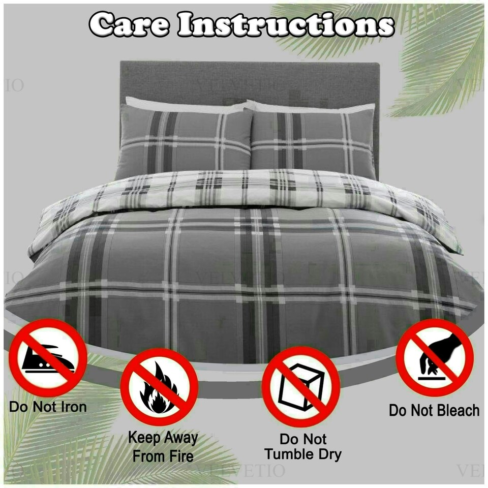 image 1 of VELVETIO Bardsley Check Printed Duvet Cover Set Reversible Polycotton Beddings Grey | Double