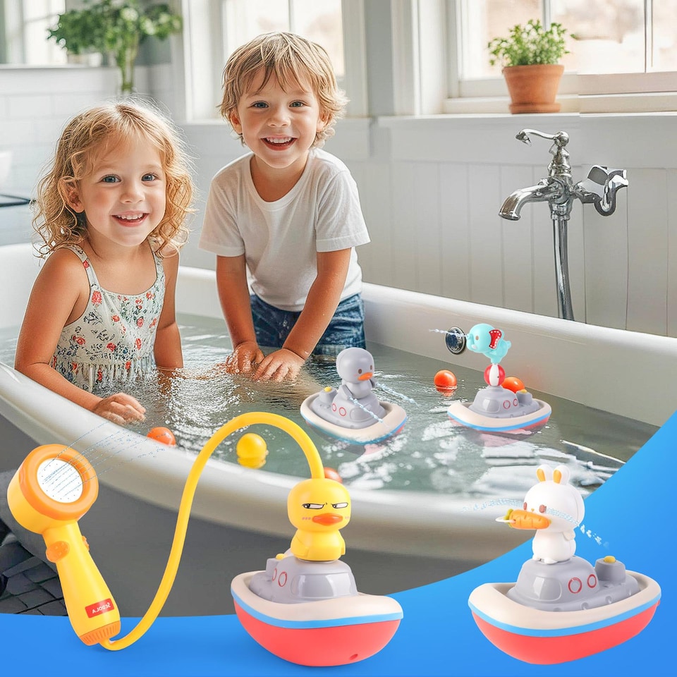 image 1 of Baby Bath Time Shower Toy Set with Floating Boat & Animal Sprinklers - Interactive Water Play for Toddlers, Safe & Fun Bath Toy Gift for Kids 3 plus