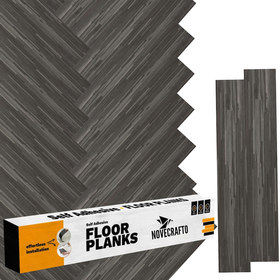 image 1 of NOVECRAFTO Self Adhesive Floor Planks | 36x5.98in (91.4x15.2cm) Each | Peel & Stick Vinyl Flooring | Dark Shadowline Flow Wood Effect | Waterproof DIY Tiles | Black | 4.17 sqm