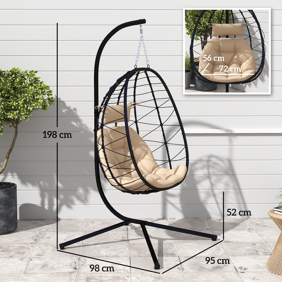 image 1 of Outsunny Hanging Egg Chair Outdoor Indoor Garden Swing Chair with Folding Basket, Thickened Cushion, Garden Hanging Chair with Stand, Headrest for Patio, Balcony, Khaki | Brown | Khaki