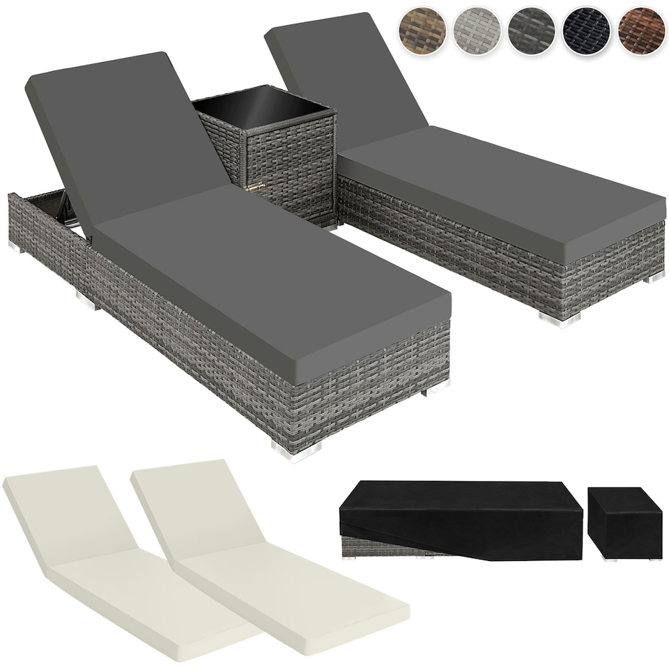 image 1 of Sun Lounger Set - 2 loungers, 1 side table, aluminium frame, adjustable backrest, rain cover Brown