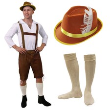 Mens Brown Bavarian Oktoberfest Costume Set with Hat and Socks
